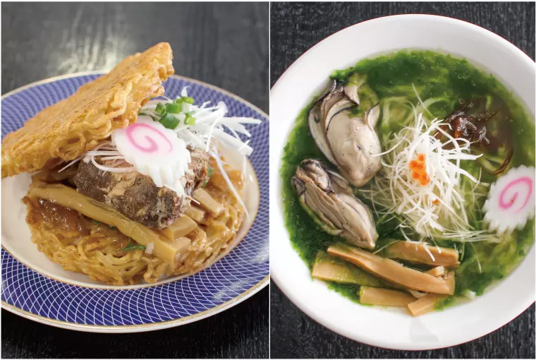 ▲(左)「喜多方ラーメンバーガー」・・・500円(税込)
(右)「潮風ラーメン」・・・850円(税込)