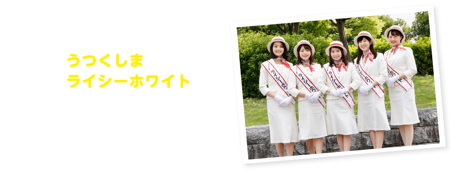 うつくしまライシーホワイトとは...福島県産米の消費拡大と米のPR活動を行うキャンペーンクルー。