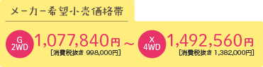 2WD 5AGS 1,077,840円～（税抜998,000円～）／4WD 5AGS 1,188,000円～（税抜1,100,000円～）