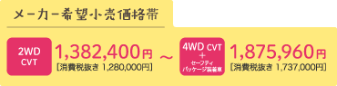 2WD CVT 1,641,600円（消費税抜き1,520,000円）～4WD CVT+セーフティパッケージ装着車 1,875,960円（消費税抜き1,737,000円）