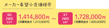 XG 2WD/CVT 1,414,800円(消費税抜き1,310,000円)～XT(2WD/6AT)1,728,000円(消費税抜き1,600,000円)