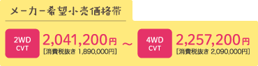 2WD・CVT　2,041,200円（消費税抜き1,890,000円）～4WD・CVT　2,257,200円（消費税抜き2,090,000円）