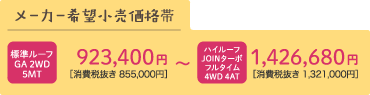 PA 2WD 5MT923,400円（消費税抜き855,000円） ～ハイルーフJOINターボ　フルタイム4WD 4AT　1,426,680円（消費税抜き1,321,000円）