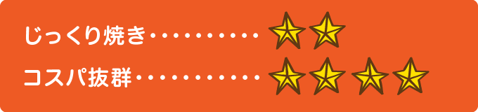 じっくり焼き　★★、コスパ抜群　★★★★