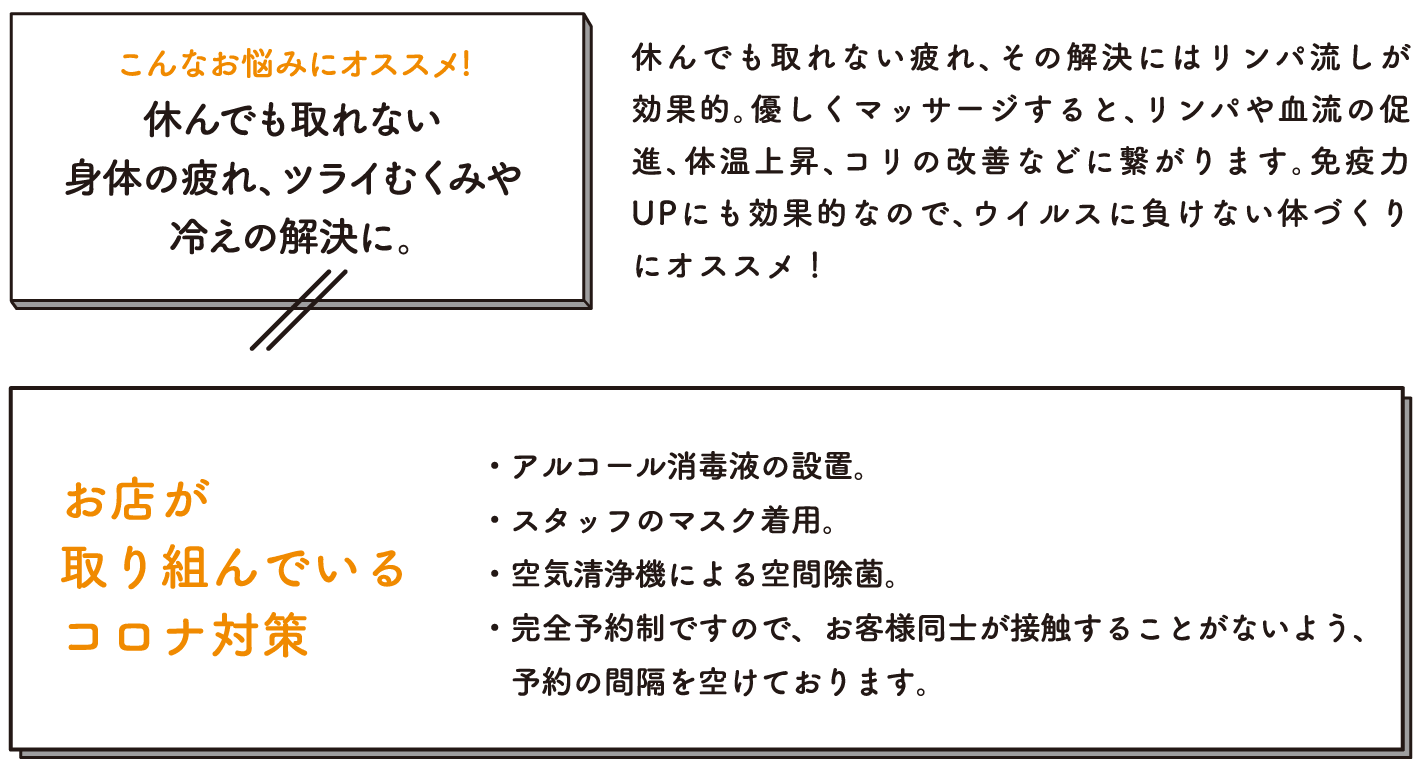 休んでも取れない疲れ、その解決にはリンパ流しが効果的。優しくマッサージすると、リンパや血流の促進、体温上昇、コリの改善などに繋がります。免疫力UPにも効果的なので、ウイルスに負けない体づくりにオススメ！