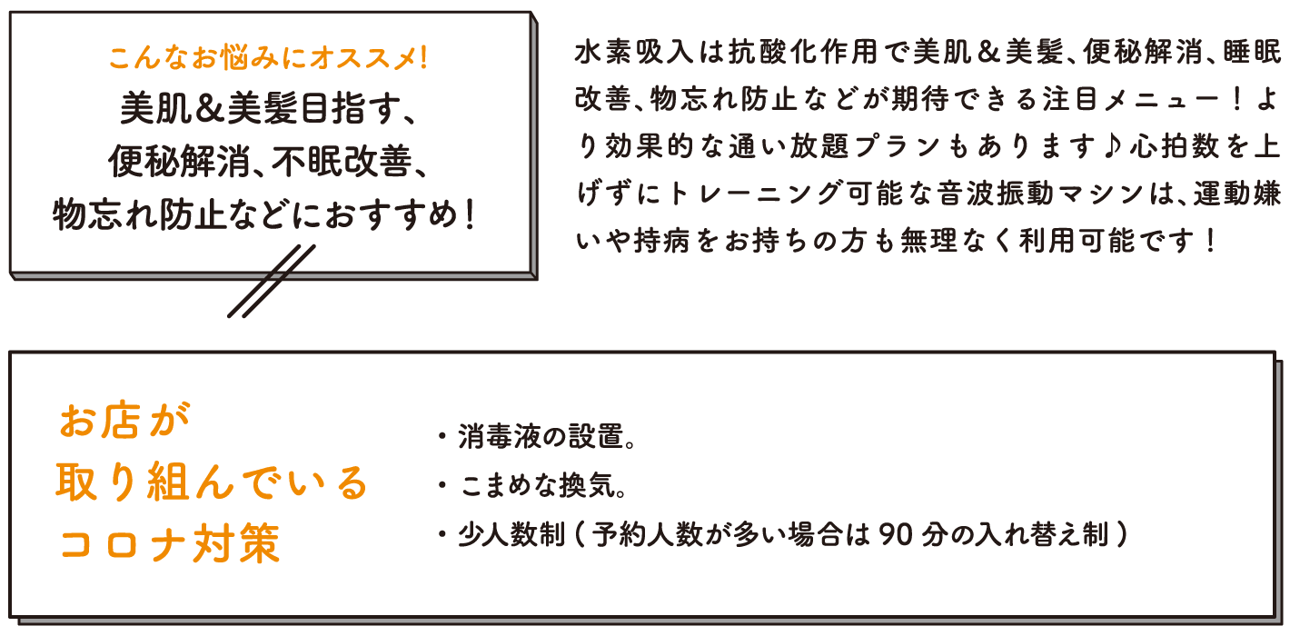 水素吸入は抗酸化作用で美肌＆美髪、便秘解消、睡眠改善、物忘れ防止などが期待できる注目メニュー！より効果的な通い放題プランもあります♪心拍数を上げずにトレーニング可能な音波振動マシンは、運動嫌いや持病をお持ちの方も無理なく利用可能です！