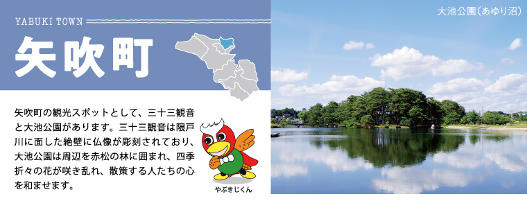 矢吹町：矢吹町の観光スポットとして、三十三観音と大池公園があります。三十三観音は隈戸川に面した絶壁に仏像が彫刻されており、大池公園は周辺を赤松の林に囲まれ、四季折々の花が咲き乱れ、散策する人たちの心を和ませます。